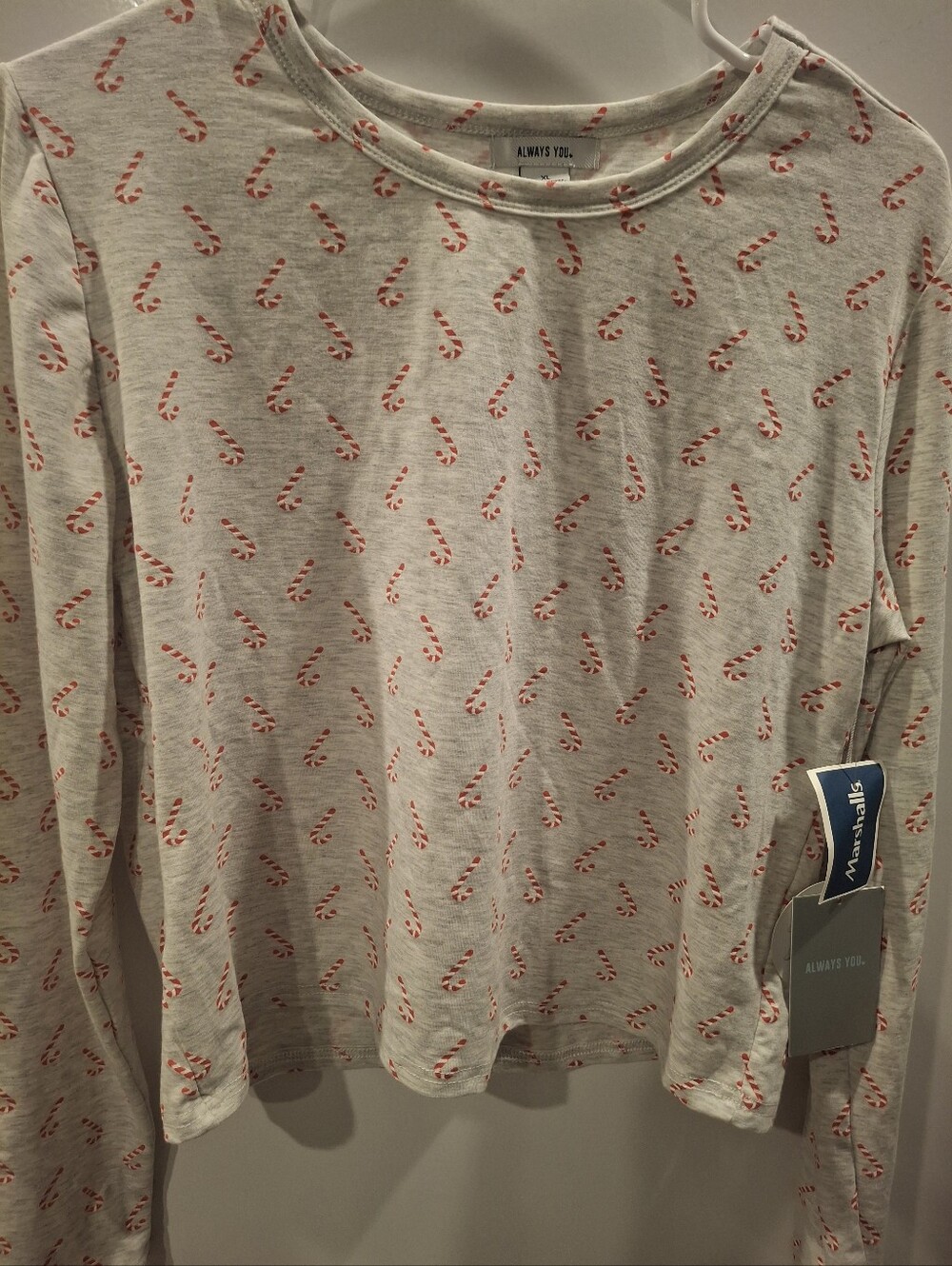 Always White Long-Sleeve Top with Red Candy Cane Print